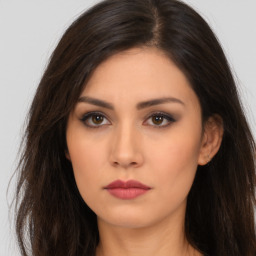 Neutral asian young-adult female with long  brown hair and brown eyes