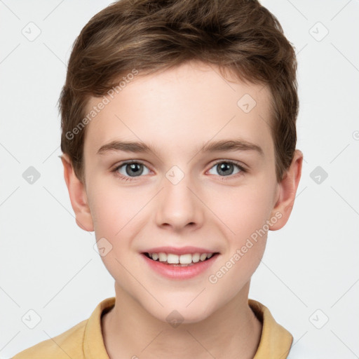 Joyful white child male with short  brown hair and brown eyes