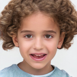 Joyful white child female with short  brown hair and brown eyes