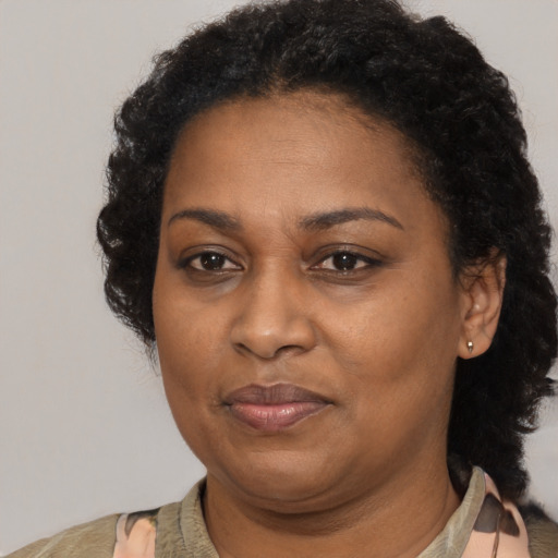 Joyful black adult female with short  brown hair and brown eyes