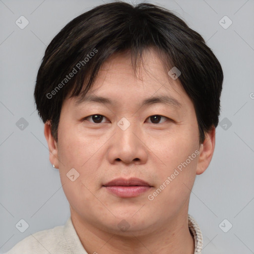 Joyful asian adult male with short  brown hair and brown eyes