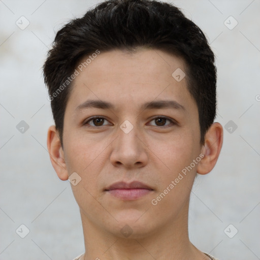 Neutral white young-adult male with short  brown hair and brown eyes