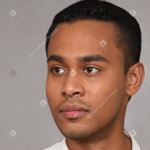 Neutral black young-adult male with short  black hair and brown eyes