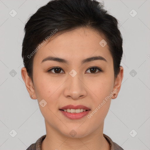 Joyful asian young-adult female with short  brown hair and brown eyes