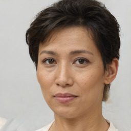 Joyful white adult female with short  brown hair and brown eyes
