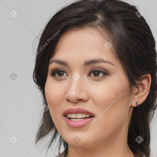 Joyful white young-adult female with medium  brown hair and brown eyes