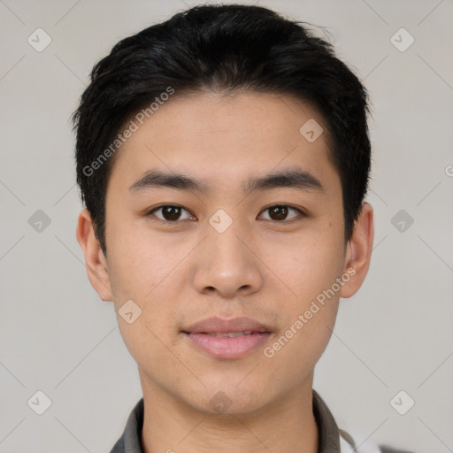 Neutral asian young-adult male with short  black hair and brown eyes