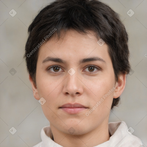 Neutral white young-adult female with short  brown hair and brown eyes