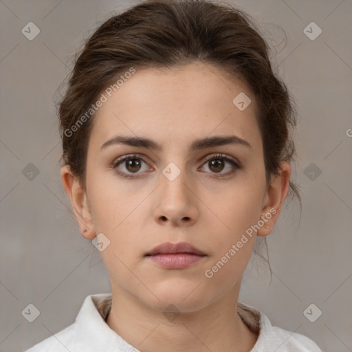 Neutral white young-adult female with medium  brown hair and brown eyes