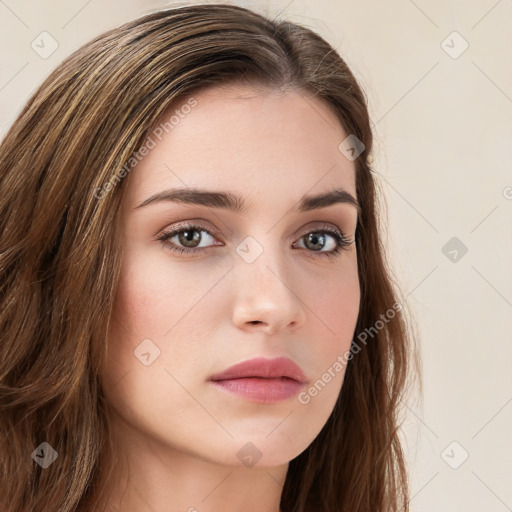 Neutral white young-adult female with long  brown hair and green eyes