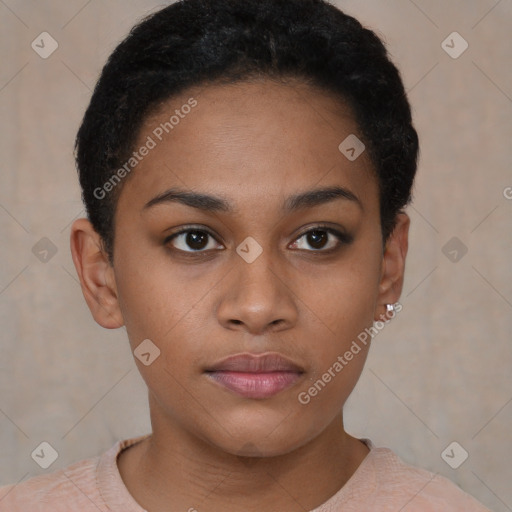 Neutral black young-adult female with short  brown hair and brown eyes