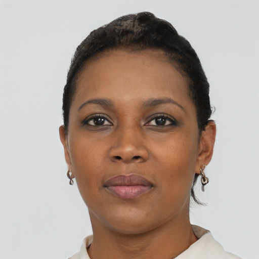 Neutral black young-adult female with short  black hair and brown eyes