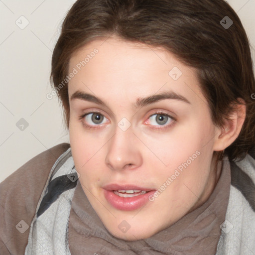 Joyful white young-adult female with medium  brown hair and blue eyes