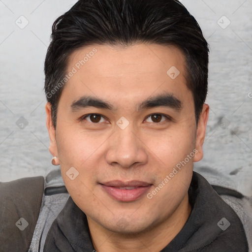 Joyful white young-adult male with short  brown hair and brown eyes