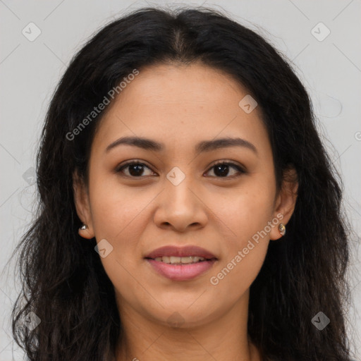 Joyful latino young-adult female with long  brown hair and brown eyes