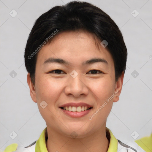 Joyful asian young-adult female with short  brown hair and brown eyes