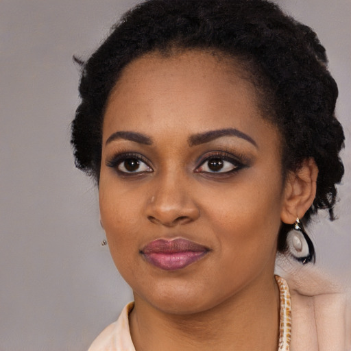 Joyful black young-adult female with medium  black hair and brown eyes