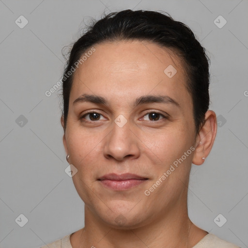 Joyful white young-adult female with short  brown hair and brown eyes