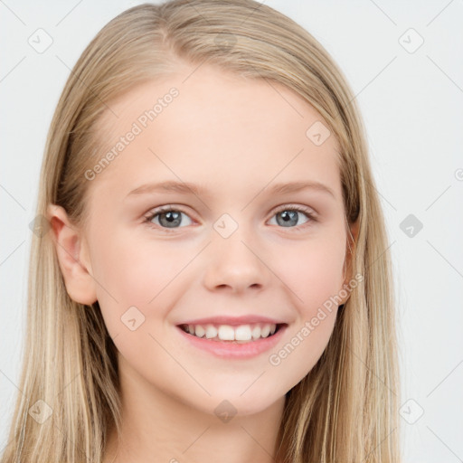 Joyful white child female with long  brown hair and blue eyes