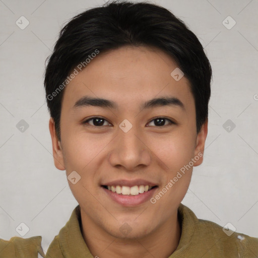 Joyful asian young-adult male with short  brown hair and brown eyes