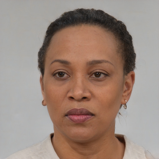 Neutral black adult female with short  brown hair and brown eyes
