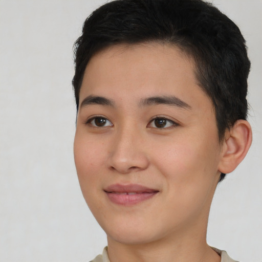 Joyful asian young-adult female with short  brown hair and brown eyes