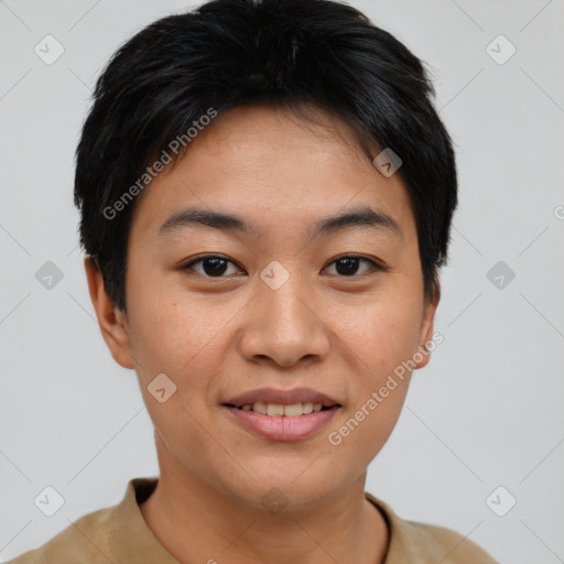 Joyful asian young-adult female with short  brown hair and brown eyes