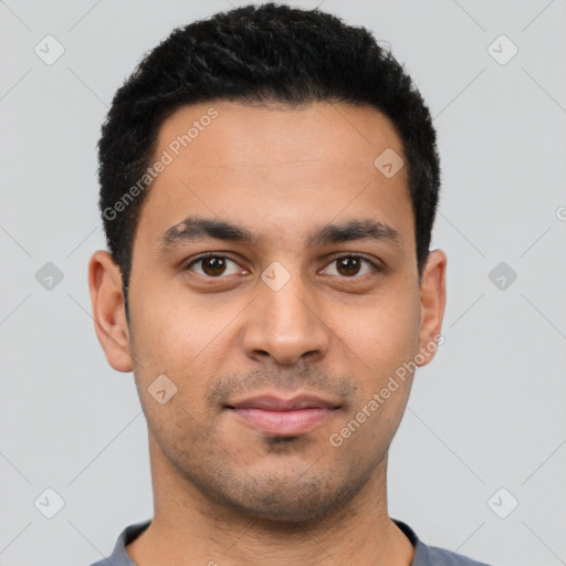 Neutral latino young-adult male with short  black hair and brown eyes