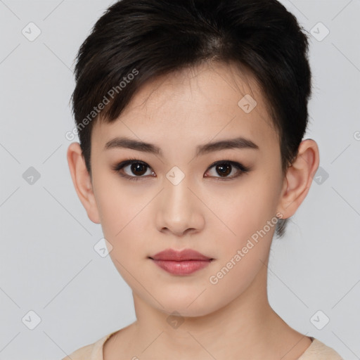 Neutral white young-adult female with short  brown hair and brown eyes