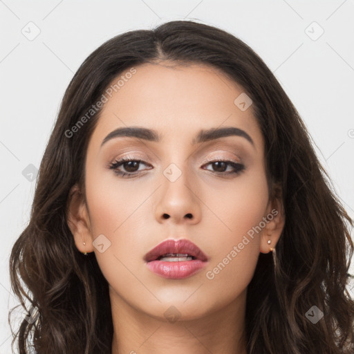 Neutral asian young-adult female with long  brown hair and brown eyes