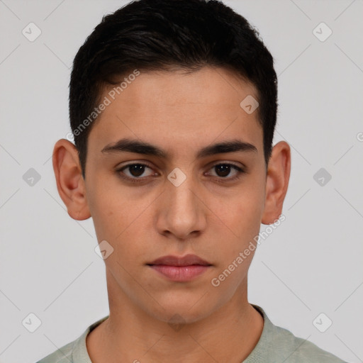 Neutral white young-adult male with short  brown hair and brown eyes