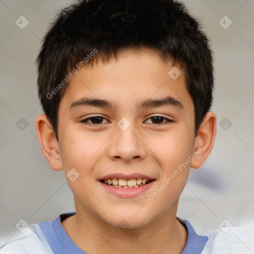 Joyful white child male with short  brown hair and brown eyes