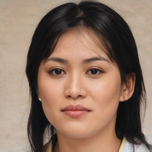 Neutral asian young-adult female with medium  black hair and brown eyes