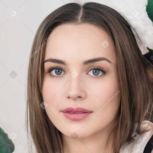 Neutral white young-adult female with long  brown hair and brown eyes