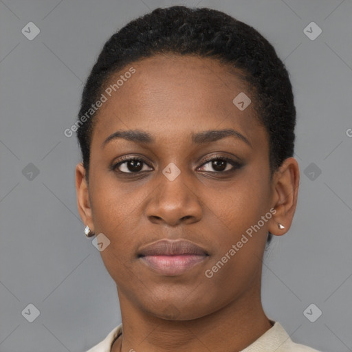 Neutral black young-adult female with short  brown hair and brown eyes