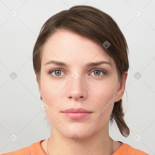 Neutral white young-adult female with medium  brown hair and grey eyes