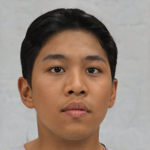 Neutral asian young-adult female with short  brown hair and brown eyes