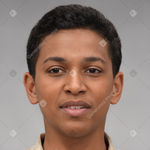 Joyful latino young-adult male with short  brown hair and brown eyes