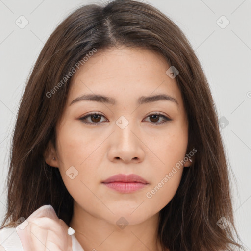 Neutral white young-adult female with long  brown hair and brown eyes