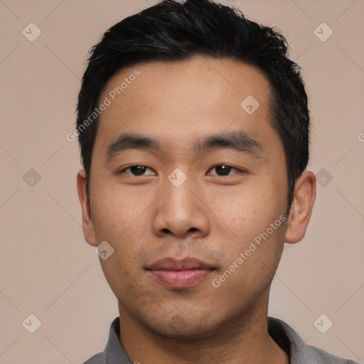 Neutral asian young-adult male with short  black hair and brown eyes