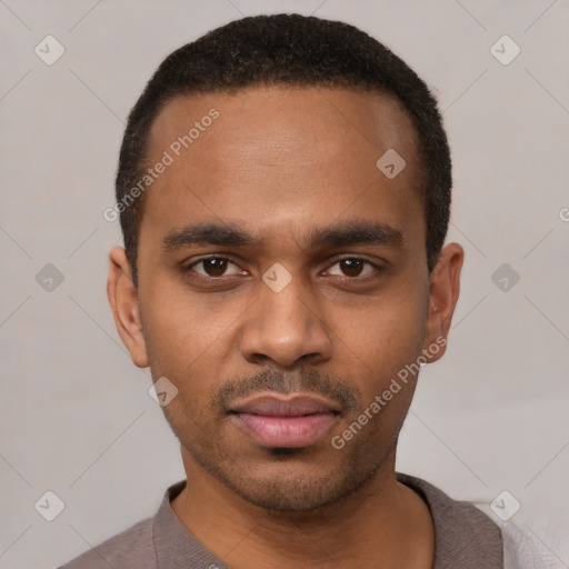 Neutral latino young-adult male with short  black hair and brown eyes