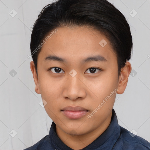 Neutral asian young-adult male with short  brown hair and brown eyes