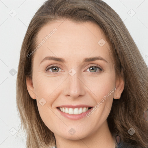 Joyful white young-adult female with long  brown hair and grey eyes