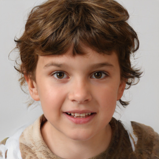 Joyful white child female with medium  brown hair and brown eyes