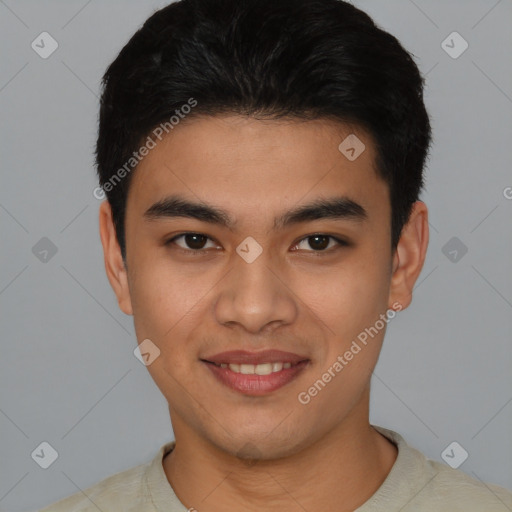 Joyful latino young-adult male with short  black hair and brown eyes