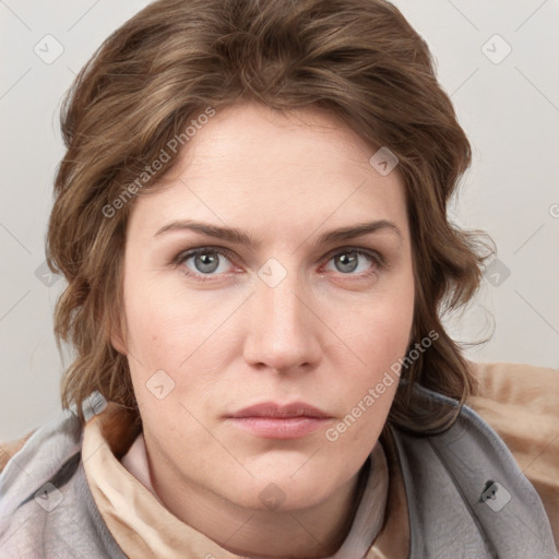 Neutral white young-adult female with medium  brown hair and grey eyes