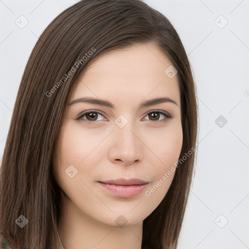 Neutral white young-adult female with long  brown hair and brown eyes