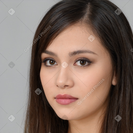 Neutral white young-adult female with long  brown hair and brown eyes