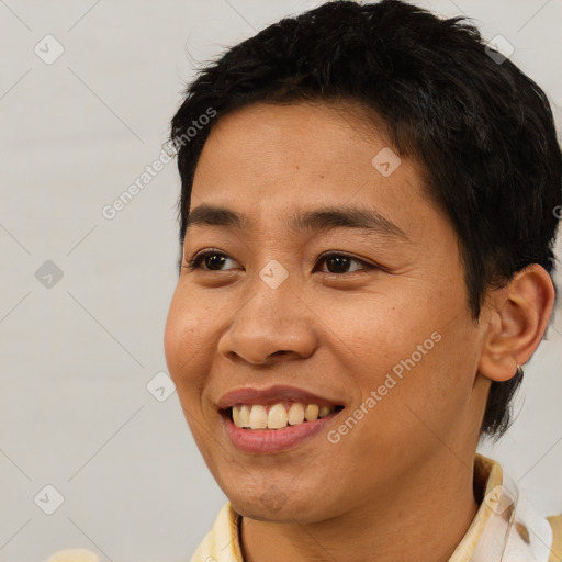 Joyful asian young-adult male with short  brown hair and brown eyes