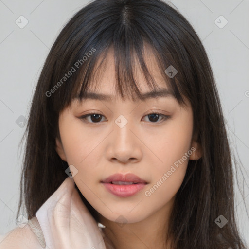 Neutral asian young-adult female with long  brown hair and brown eyes